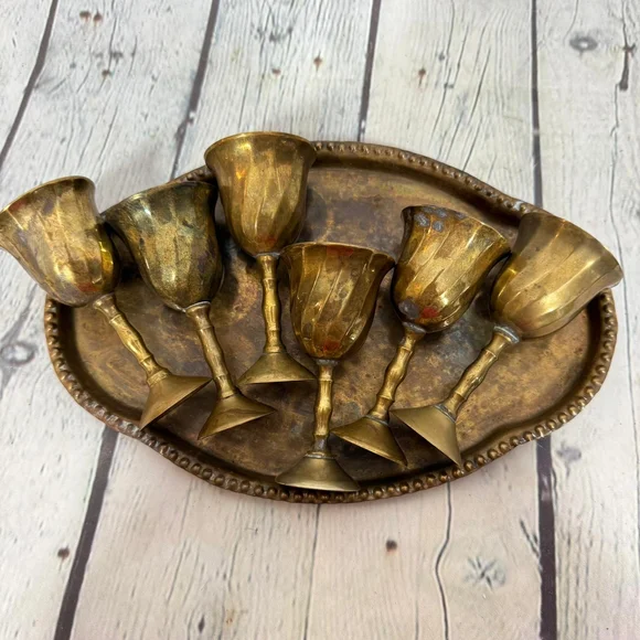 Vintage Brass Goblet Set with Tray - Picture 7 of 11